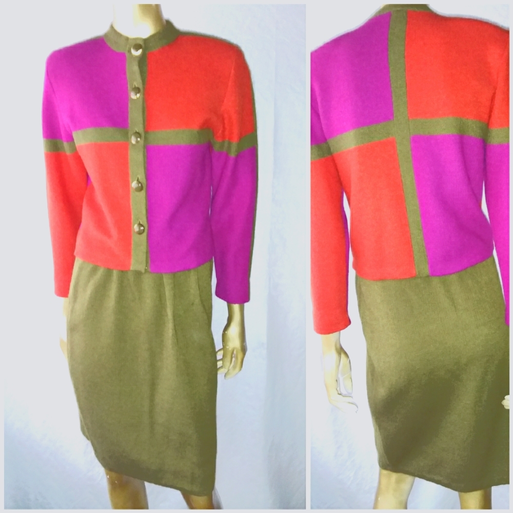 St. John colorblock 2 piece knit sweater set skirt cardigan jacket sz 6